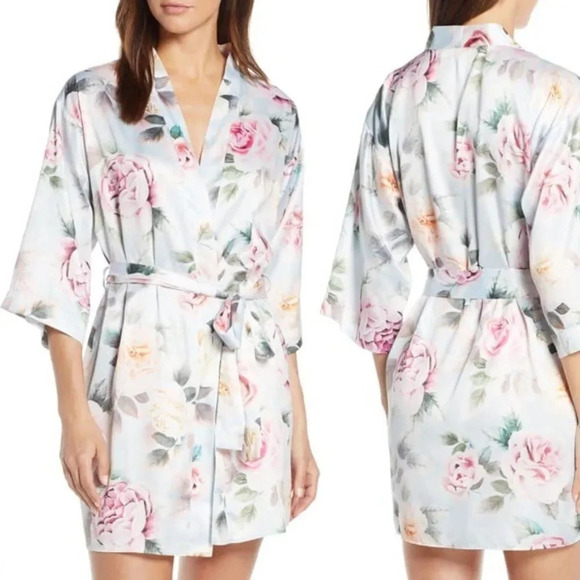 FLORA NIKROOZ Blue Satin Floral Robe Size Medium Large - Picture 1 of 6